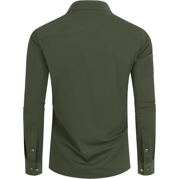 Men Grass Green Long Sleeve Slim Muscle Fit Wrinkle Free Button Down Dress Shirt - Picture 9 of 9